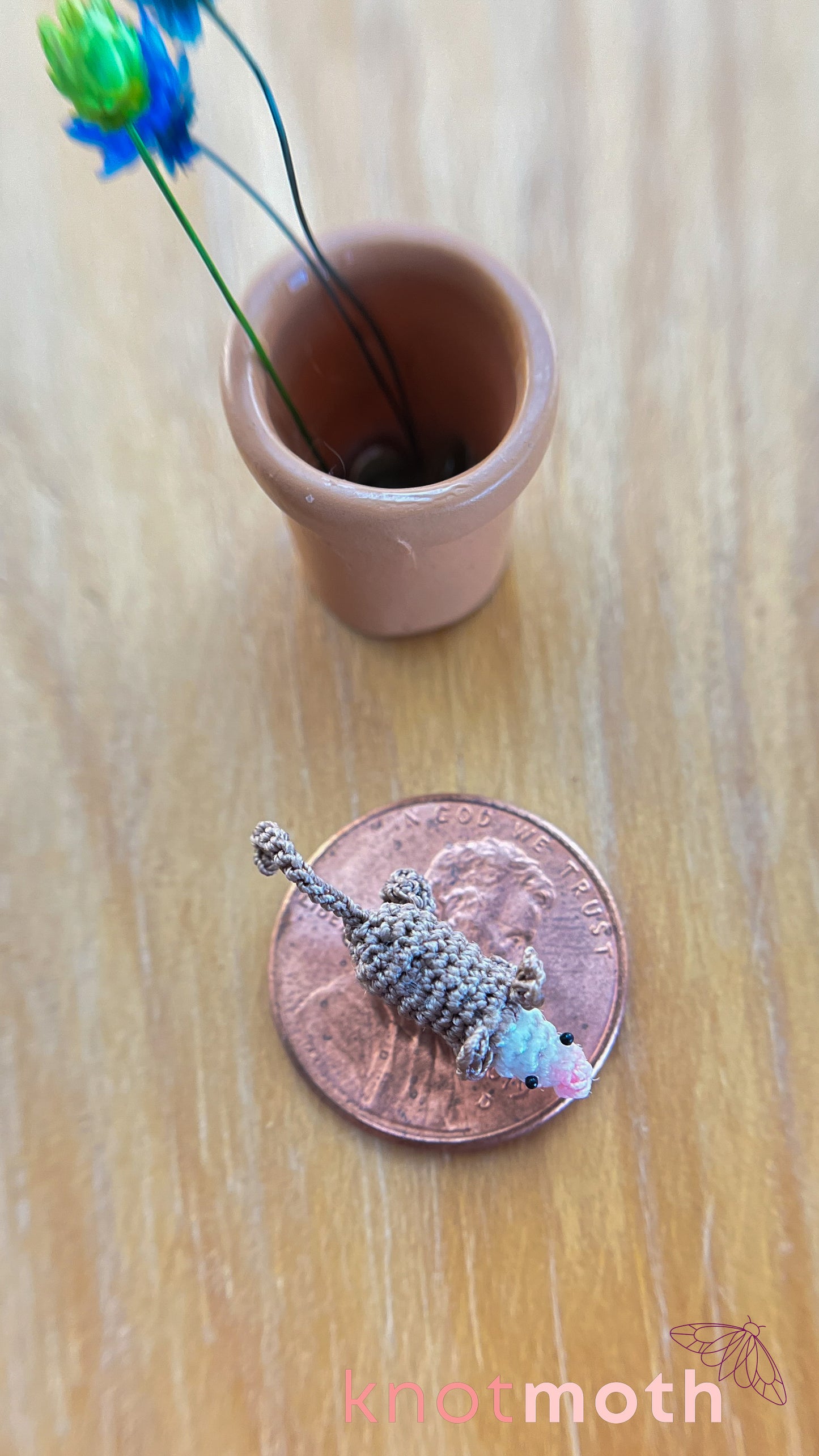 Olive Opossum in a Flower Pot Micro Crochet Trinket (Magnetic, Removable)