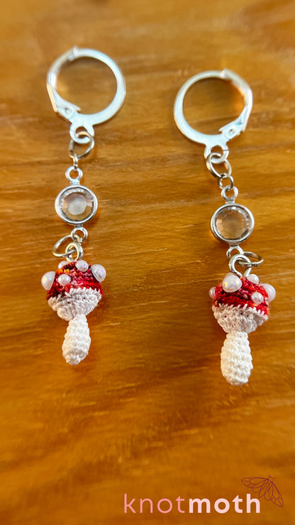 Mushroom Micro Crochet Earrings with Crystal Connector