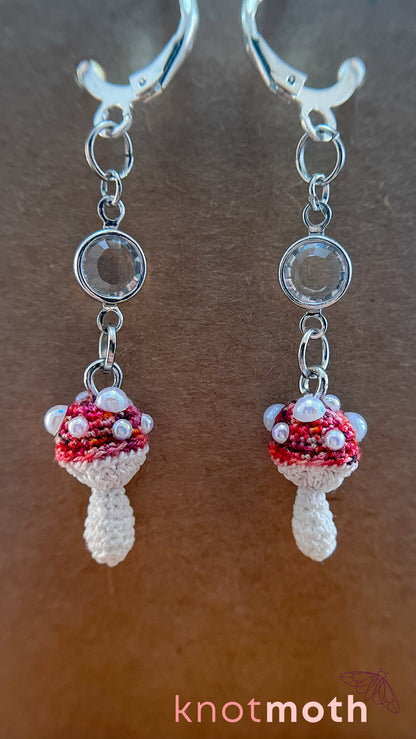 Mushroom Micro Crochet Earrings with Crystal Connector