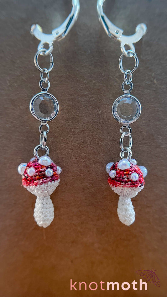 Mushroom Micro Crochet Earrings with Crystal Connector